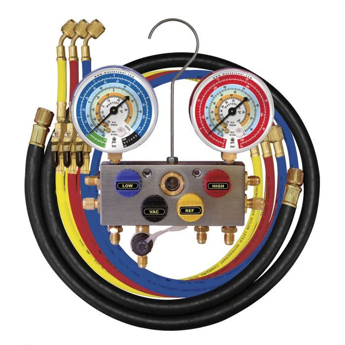 Mastercool 96272-EB-413-E 4-Way Ball Valve Manifold Gauge Set 80mm R410A/R407C/R22 3×180cm - Yuha Electric